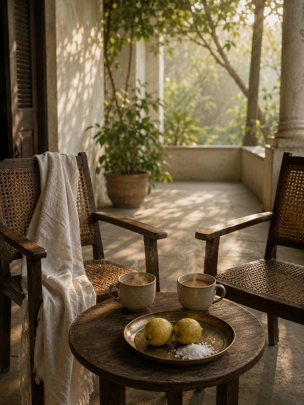 Conversation — two chairs, two cups of chai, morning light on the verandah.