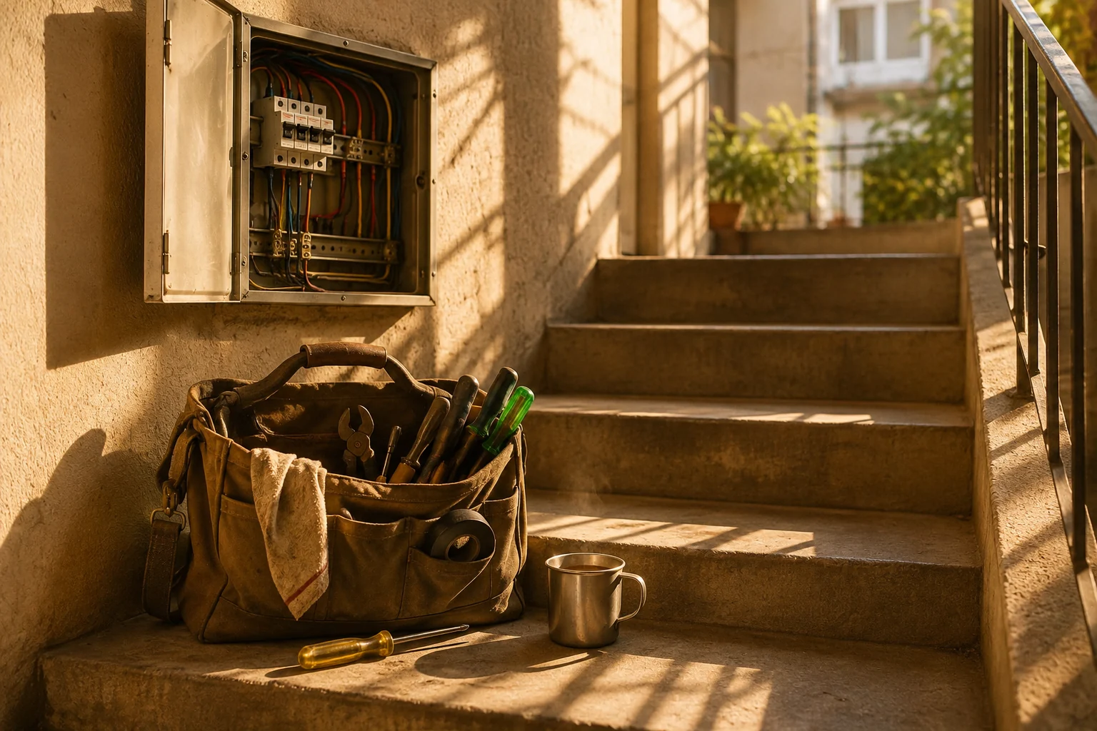 A warm sunlit residential stairwell with a repair bag, tools, a cup of chai and an electrical panel waiting to be fixed.