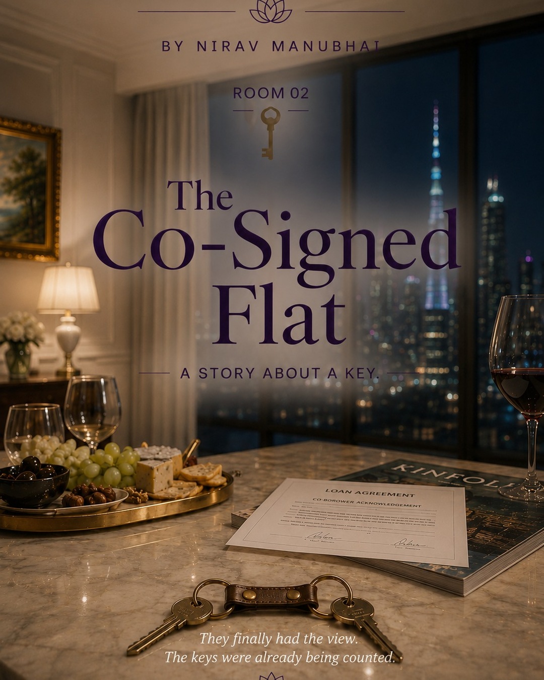 Cover of STILLS Room 02, The Co-Signed Flat, showing a luxury apartment at night with keys and a loan agreement on the counter.