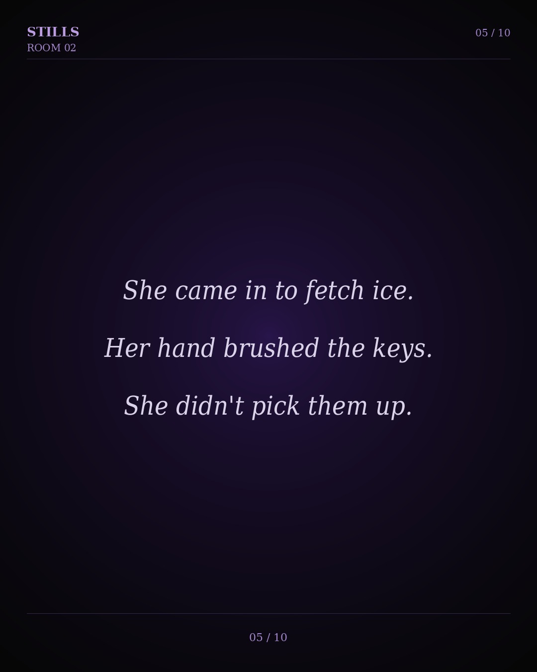 She came in to fetch ice. Her hand brushed the keys. She did not pick them up.
