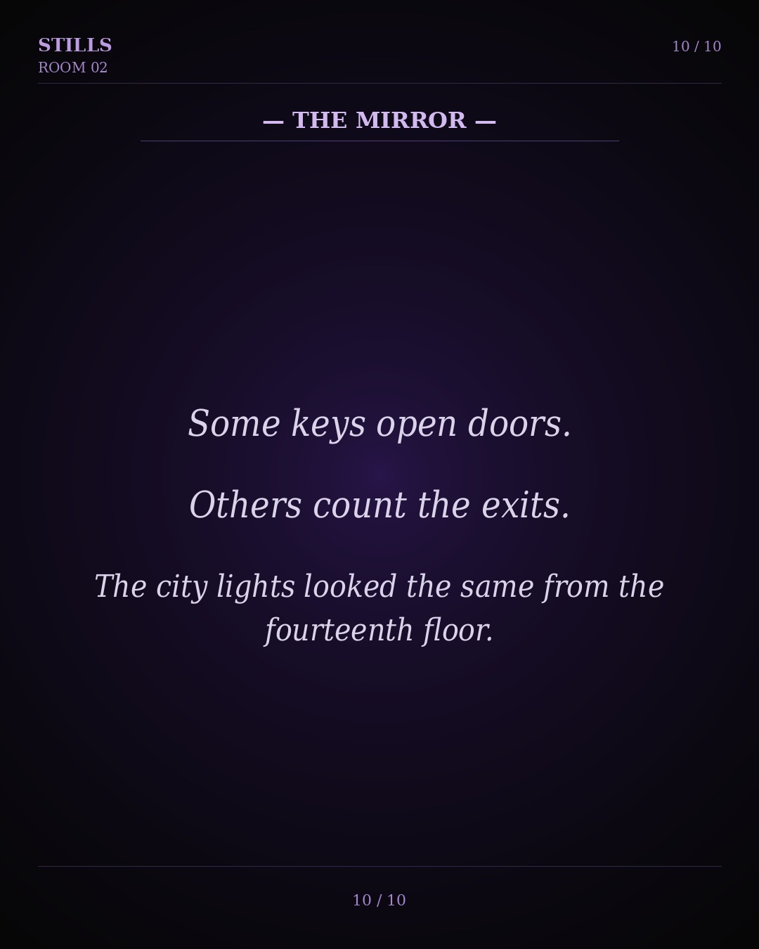 The Mirror: Some keys open doors. Others count the exits. The city lights looked the same from the fourteenth floor.