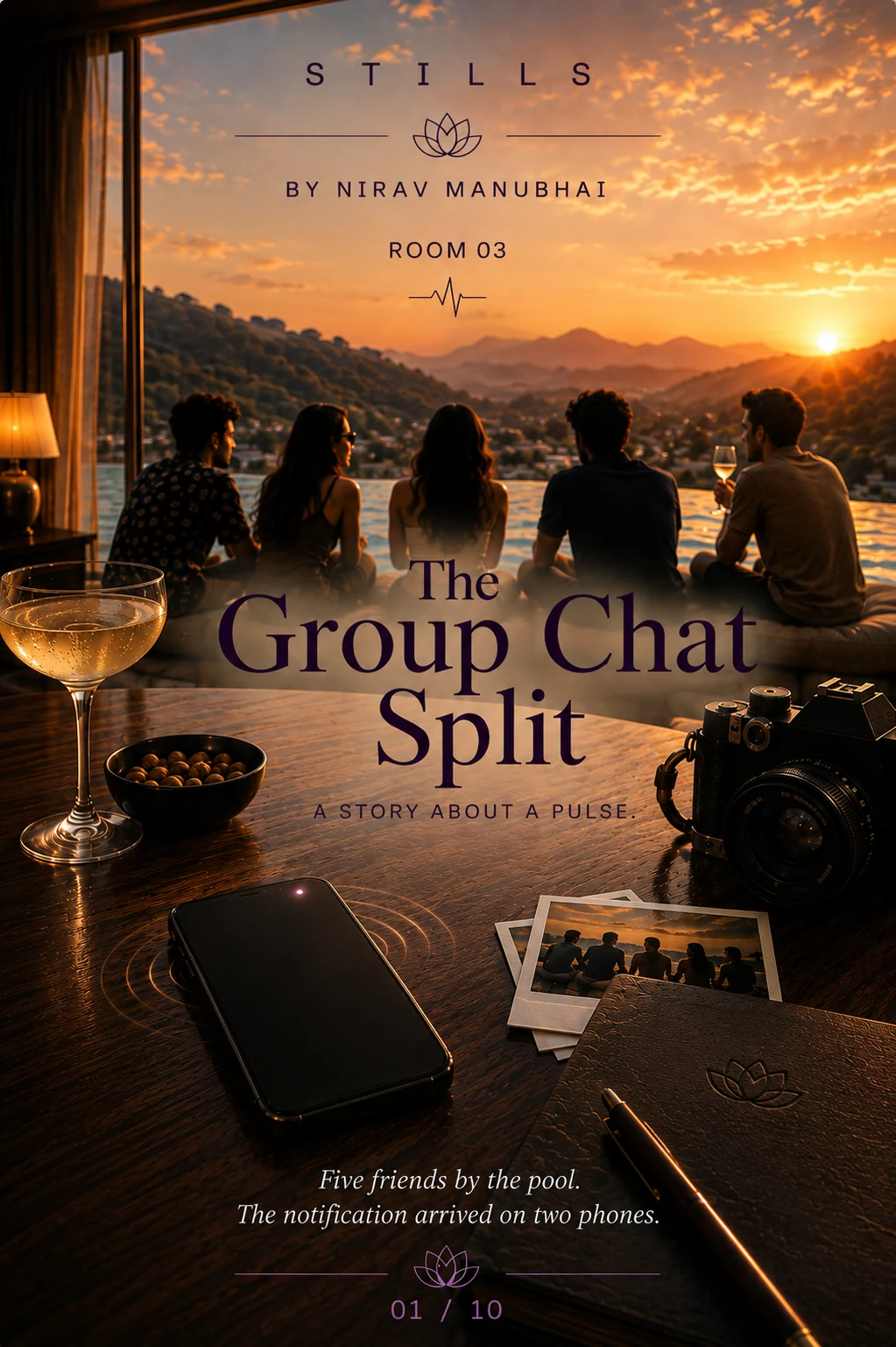 STILLS Room 03, The Group Chat Split — COVER: THE GROUP CHAT SPLIT · A story about a pulse. · Five friends by the po