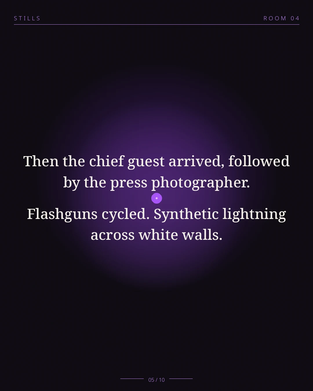 STILLS Room 04, The Silent Partner — 05/10: Then the chief guest arrived, followed by the press photographer. Flas