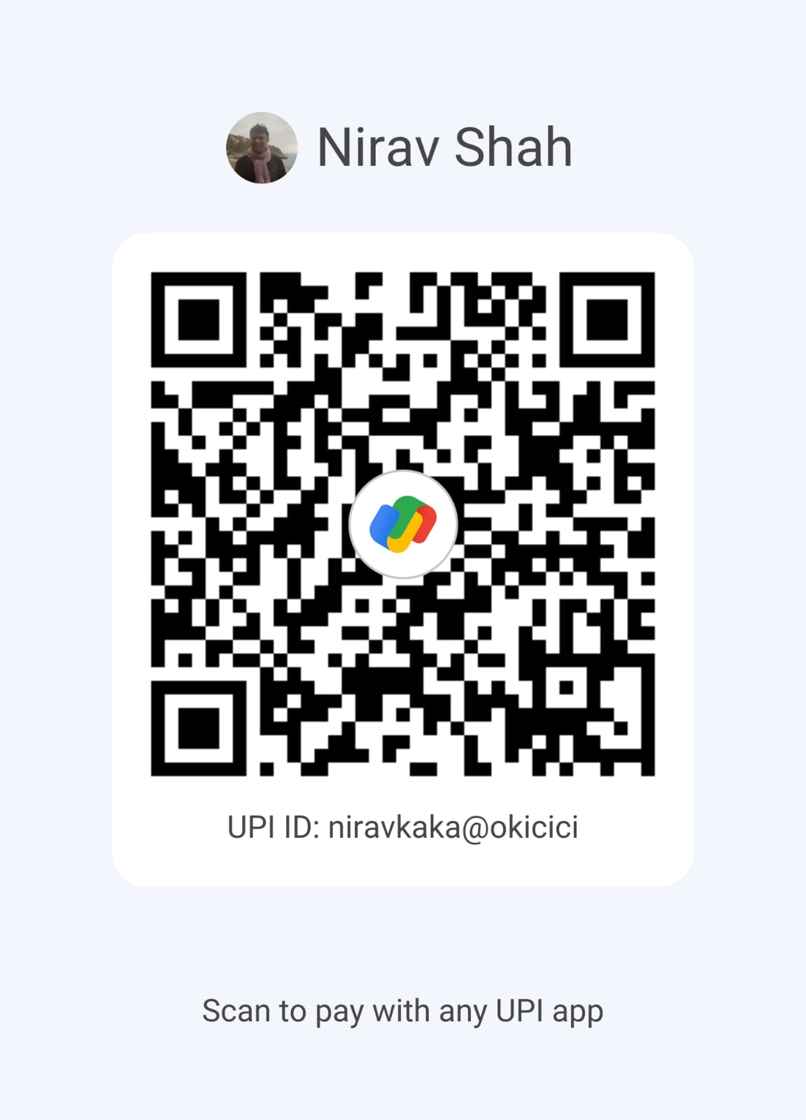UPI QR code for Nirav Shah, UPI ID niravkaka@okicici