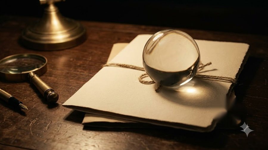 Axiom Stories — a glass sphere resting on a string-tied folder