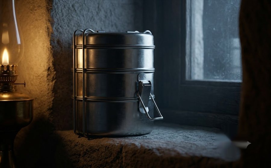 Kabir Vaidya — a steel tiffin on a moonlit windowsill, one latch undone