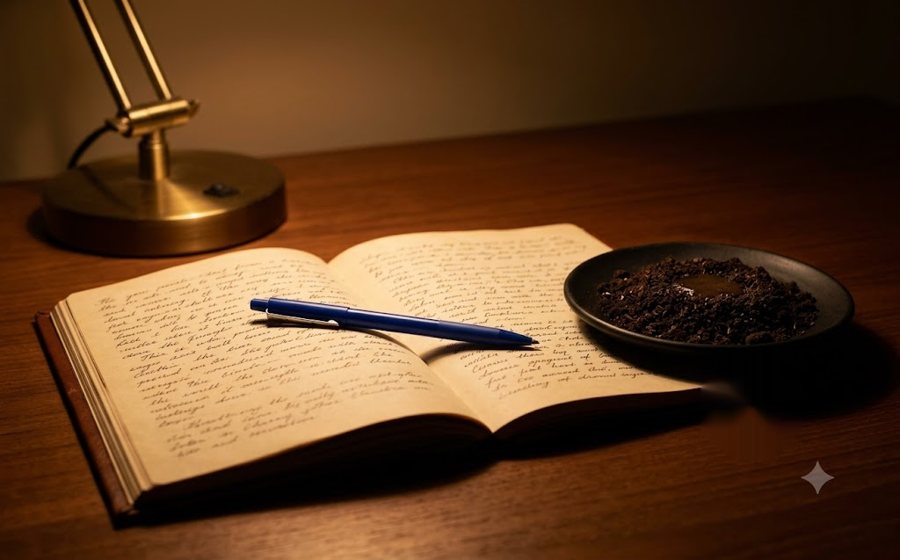 The Study — a handwritten notebook, an ordinary pen, a saucer of damp earth