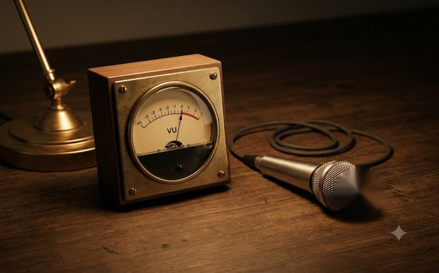 The Tell — a VU meter with its needle mid-swing, beside a stage microphone