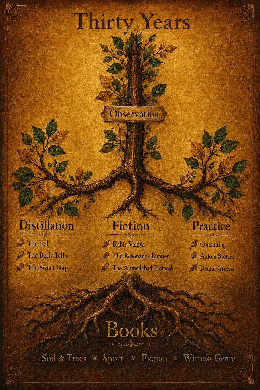 Thirty years — observation branching into distillation, fiction and practice, rooted in books